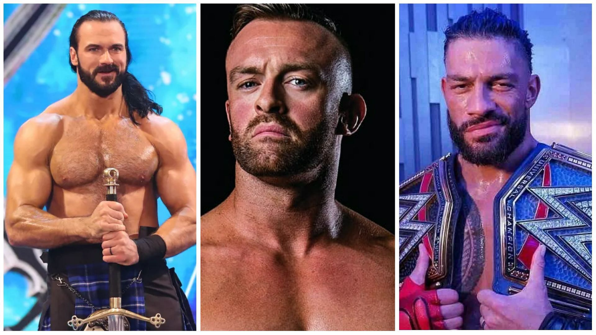 Drew McIntyre (L); Nick Aldis (C); Roman Reigns (R)