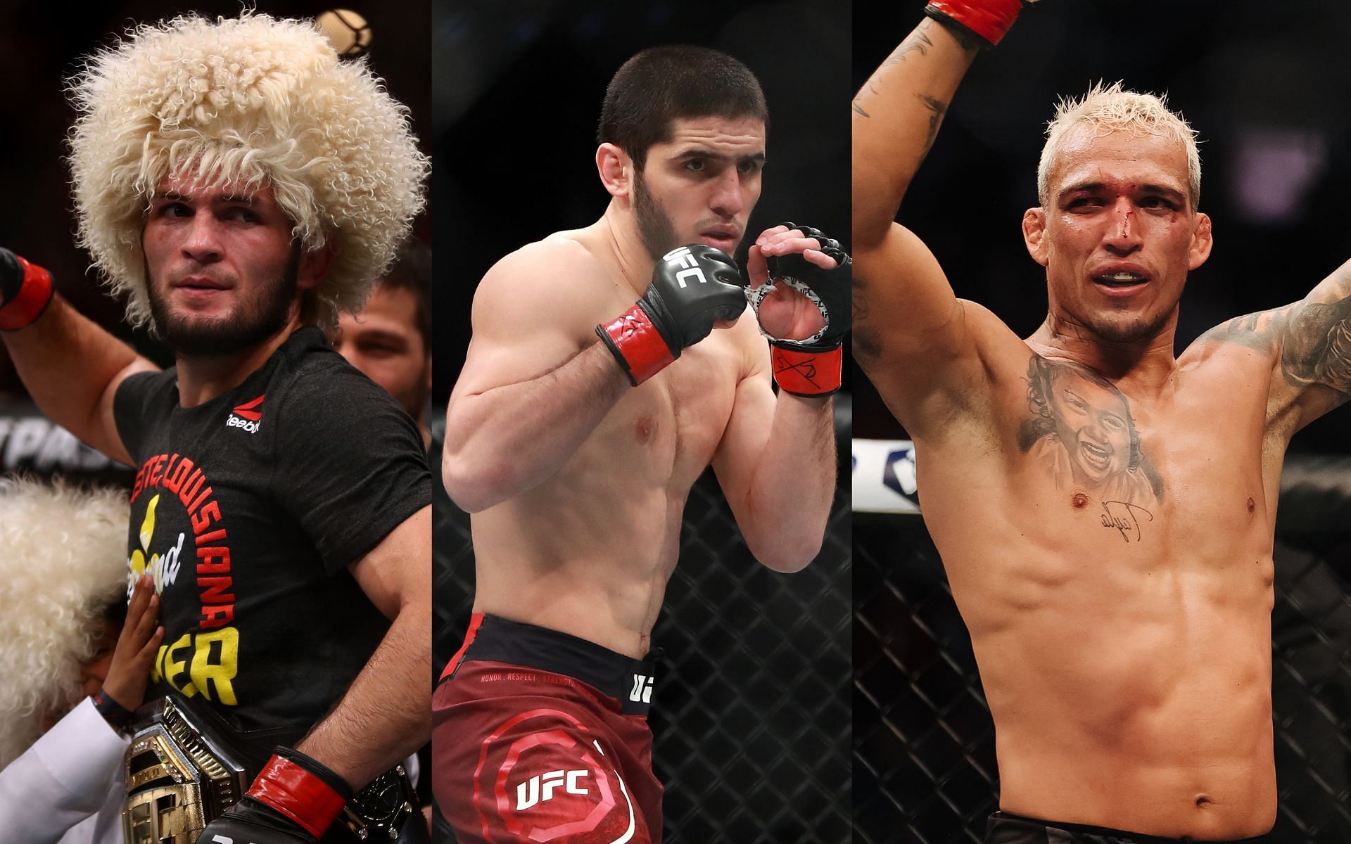 Khabib Nurmagomedov (left), Islam Makhachev (centre), Charles Oliveira (right)