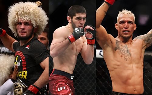 Khabib Nurmagomedov (left), Islam Makhachev (centre), Charles Oliveira (right)