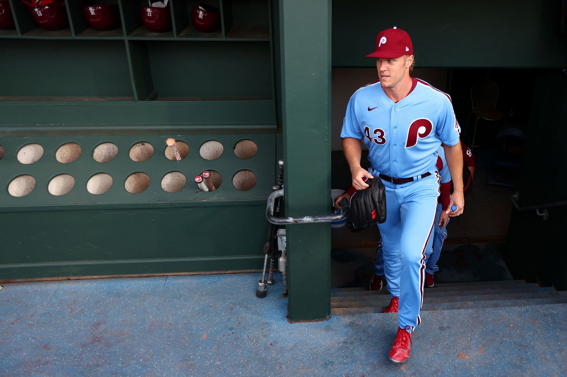 Pitcher Noah Syndergaard walks out of the clubhouse to debut for the Philadelphia Phillies.