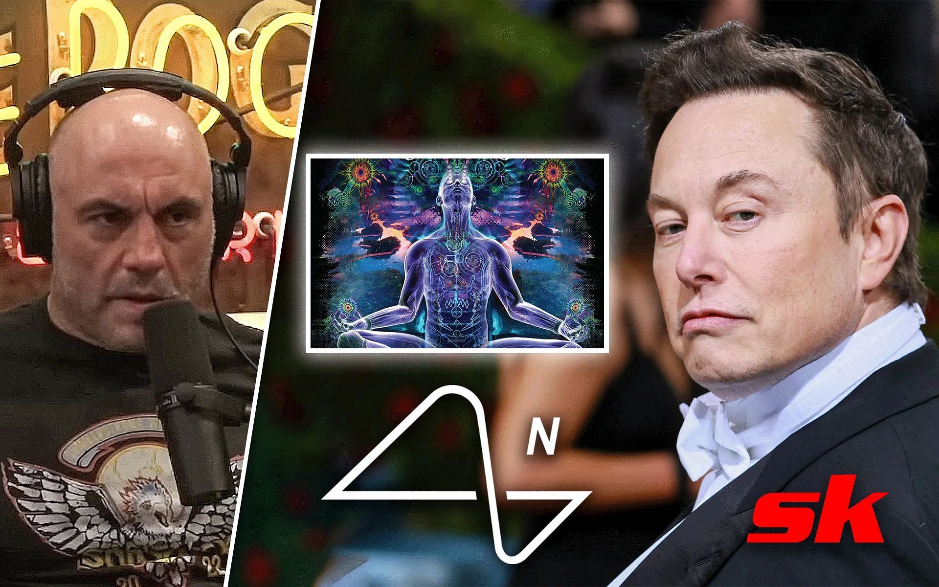 Joe Rogan (left), Elon Musk (right) [Images courtesy of Power JRE on YouTube, wired.com, neuralink.com, and realitysandwich.com]