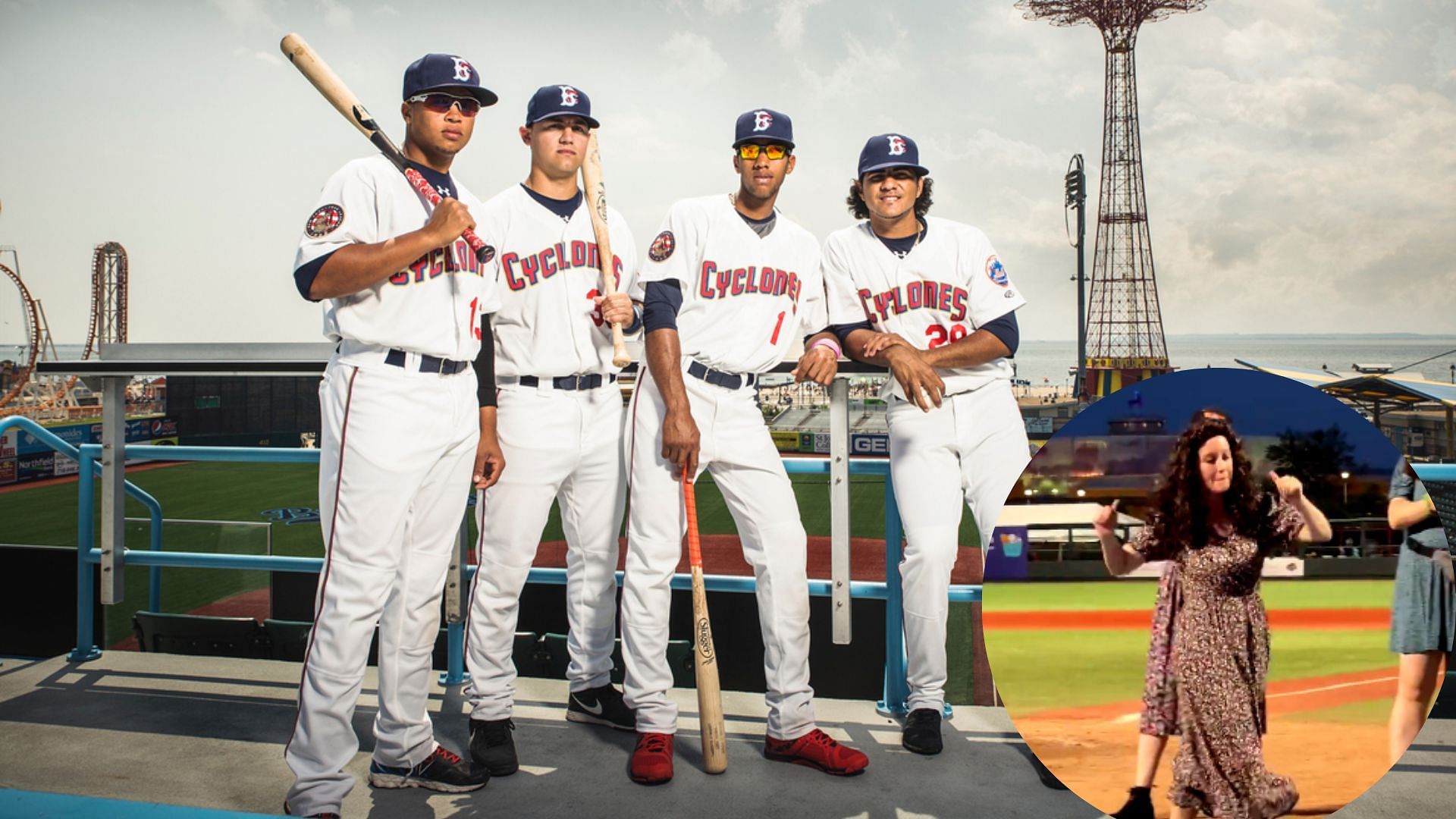 Brooklyn Cyclones players pose for the camera; a woman dances for the Elaine dance contest at the &#039;Seinfield&#039; theme night (inset).