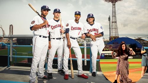 Brooklyn Cyclones players pose for the camera; a woman dances for the Elaine dance contest at the 'Seinfield' theme night (inset).