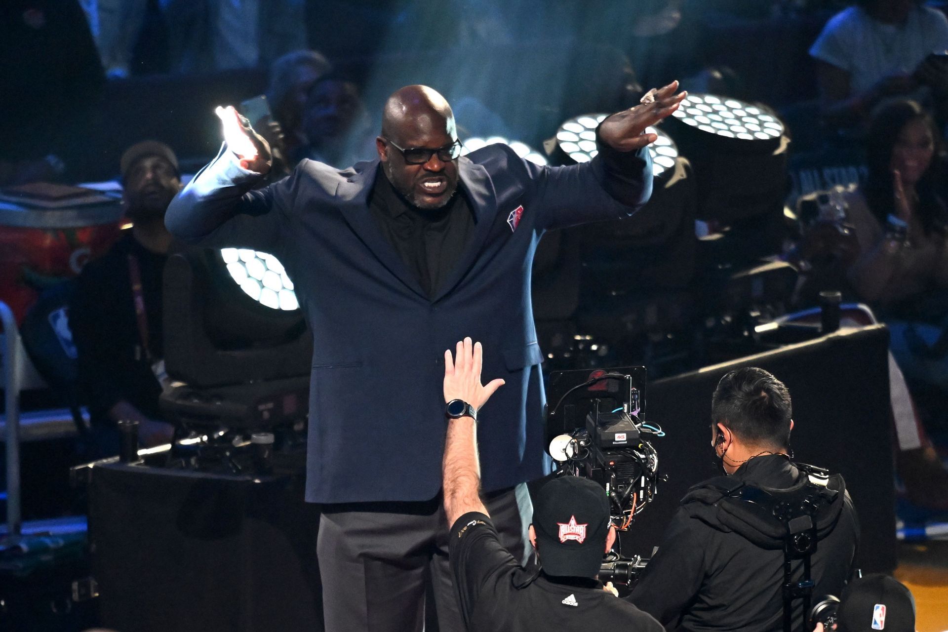 Shaquille O'Neal reacts after being introduced as part of the NBA 75th Anniversary Team