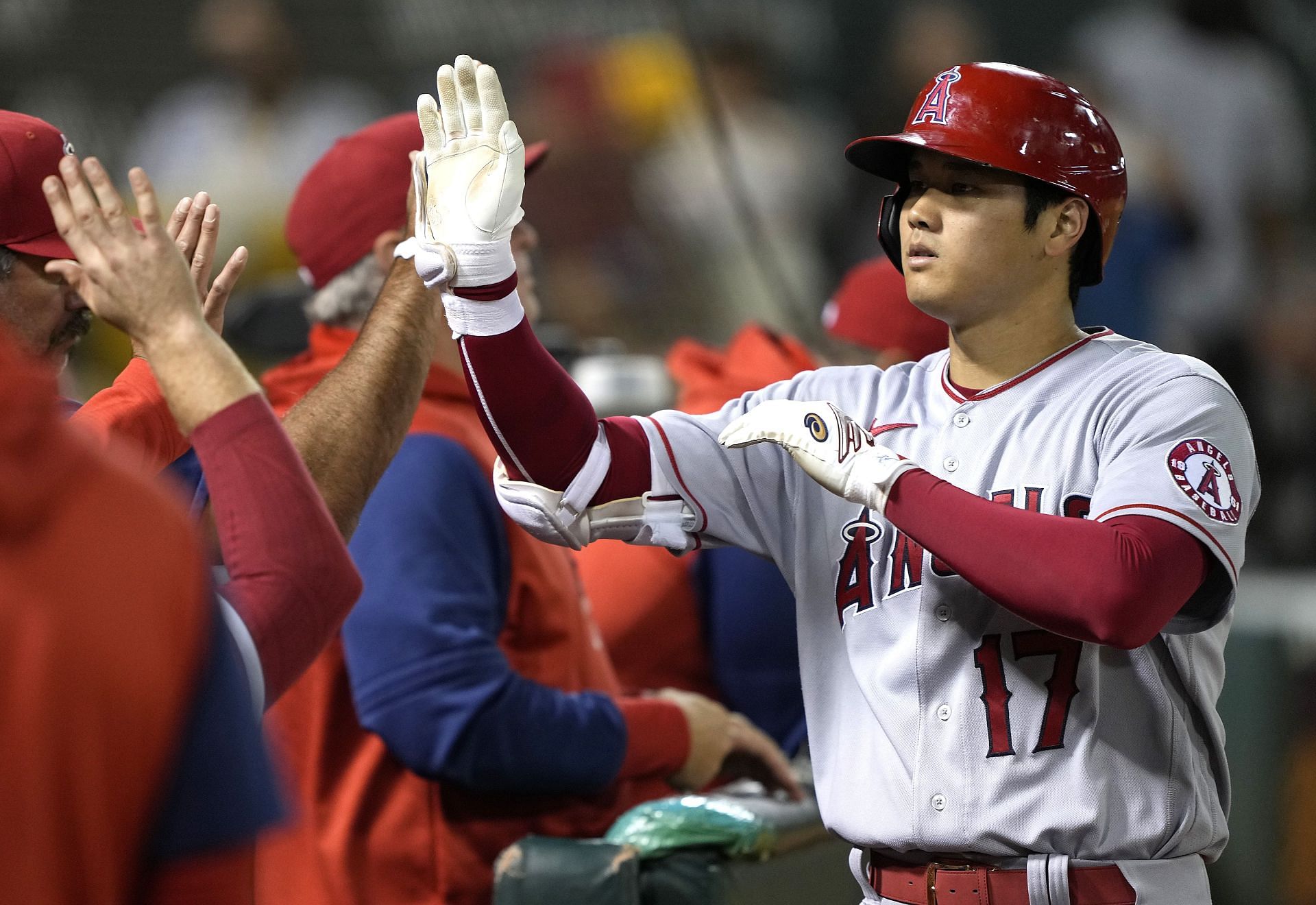Shohei Ohtani celebrates with teammates during last night&#039;s Los Angeles Angels v Oakland Athletics game. Ohtani passed Ichiro Suzuki for second most all-time in home runs for a Japanese-born player.