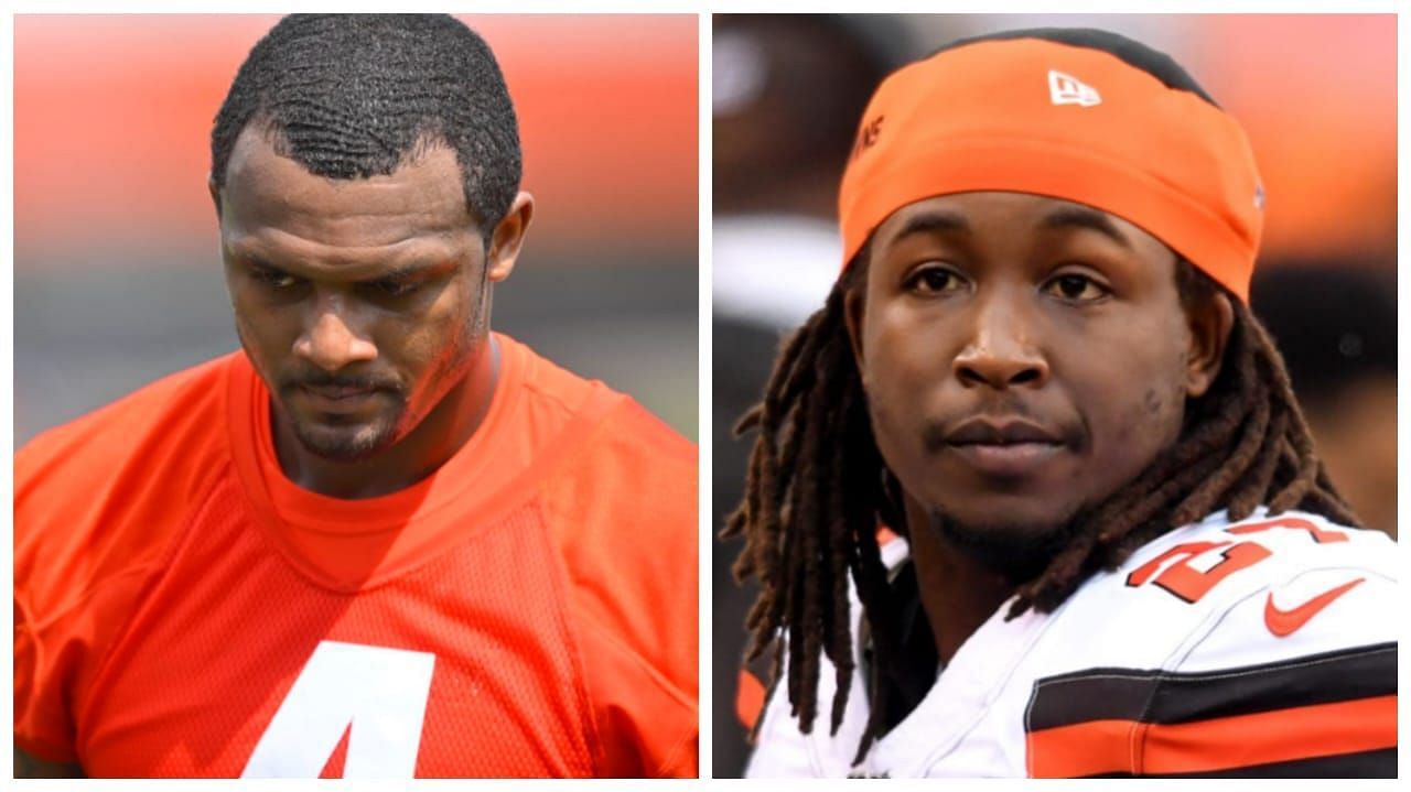 Cleveland Browns stars Deshaun Watson (left) and Kareem Hunt have both had a checkered past 