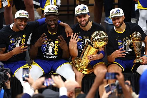 Andre Iguodala, Draymond Green, Klay Thompson and Steph Curry of the Golden State Warriors