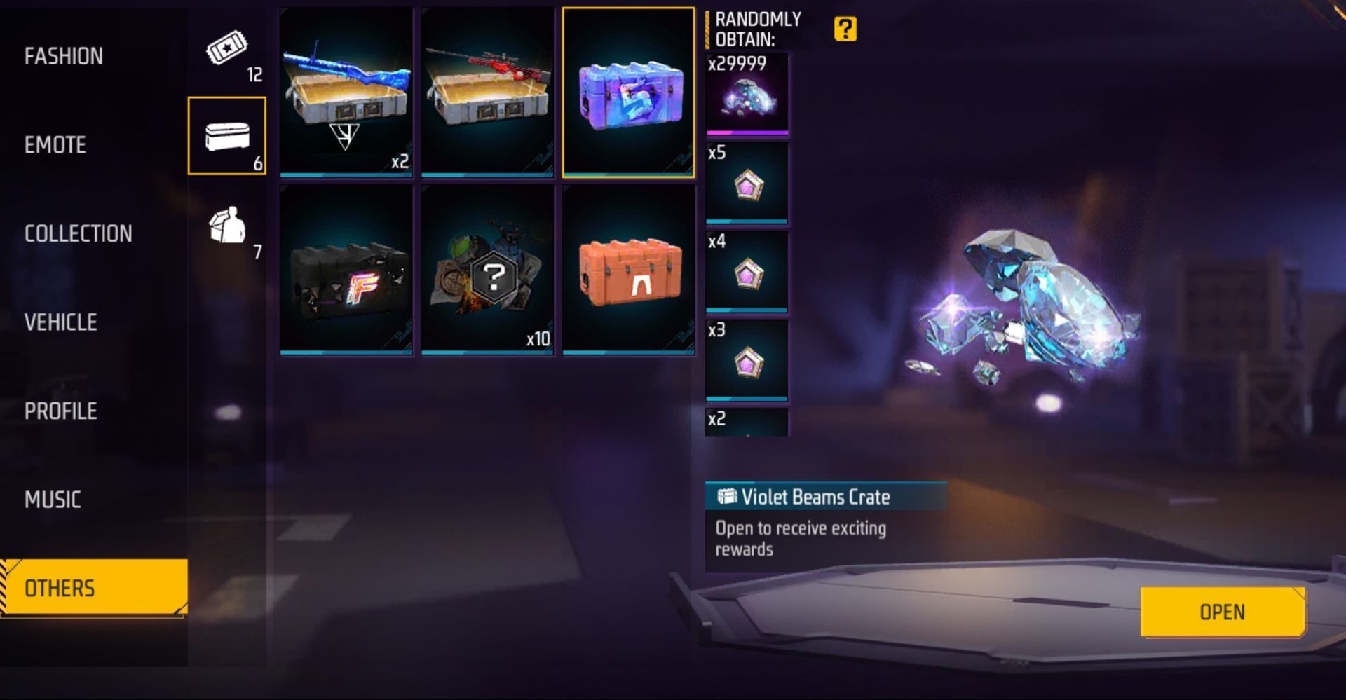 The prize pool of rewards in Violet Beams Crate (Image via Garena)