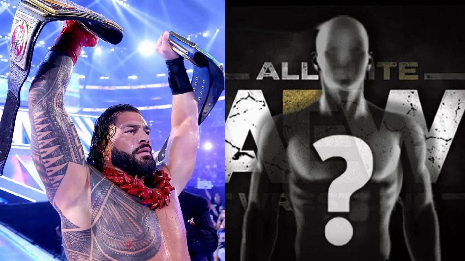Roman Reigns (left); Mystery AEW star (right)
