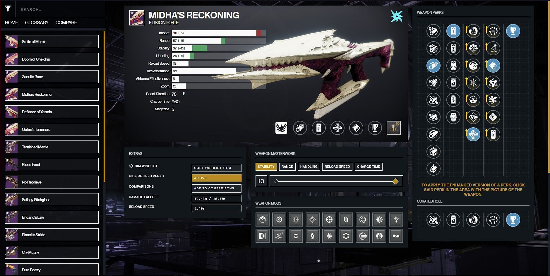 Midha&#039;s Reckoning god roll for PvP (Image via Destiny 2 Gunsmith)