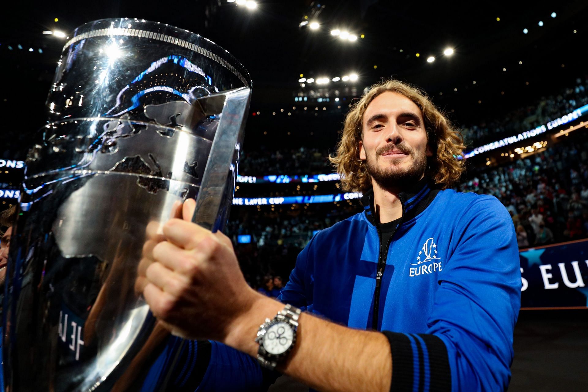 Team Europe&#039;s Stefanos Tsitsipas poses with the 2021 Laver Cup trophy.