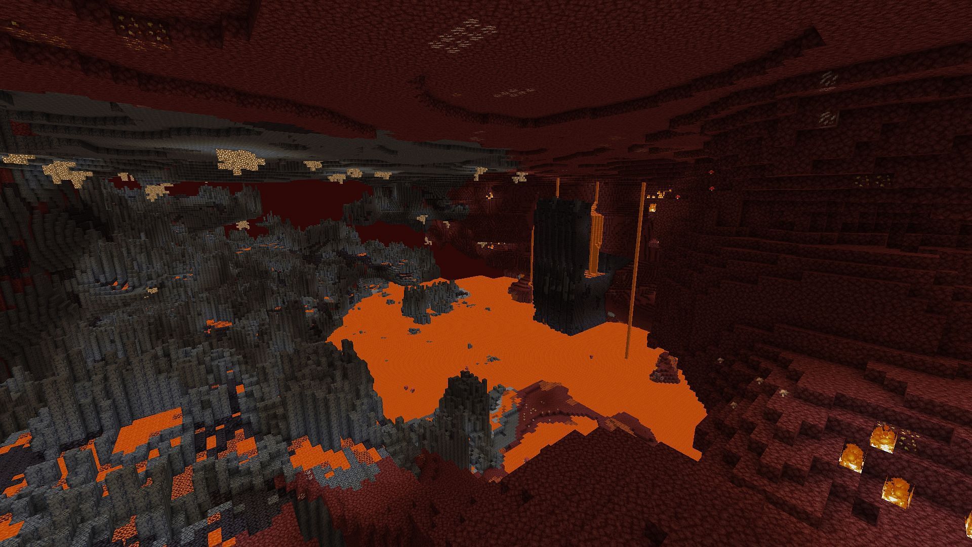 Effects of the fog being removed through OptiFine, far-off Nether blocks are also visible in Minecraft 1.19 (Image via Mojang)