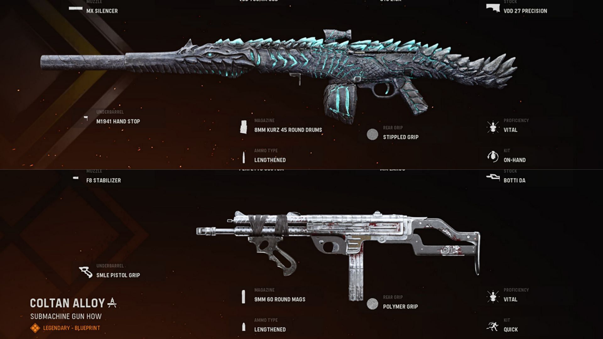 Some of the available blueprints for the STG-44 and Armaguerra 43 (Image via Activision)