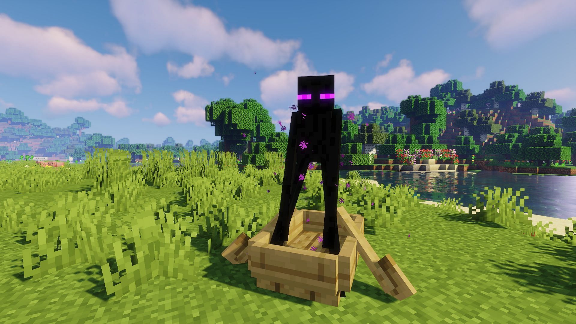 An enderman trapped in a boat, exclusive to Java edition (Image via Minecraft)