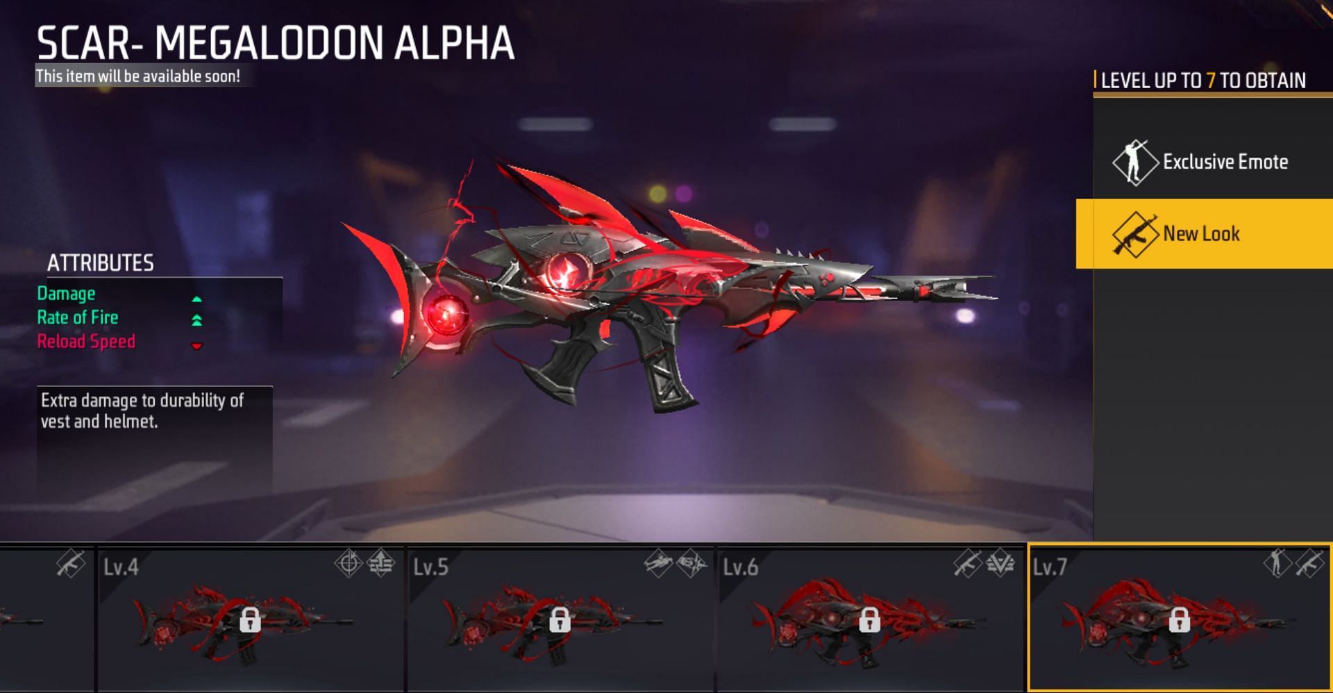 Users need Shark Tooth (SCAR) to level up the skin (Image via Garena)