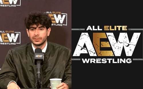 Tony Khan (left) and AEW logo (right).