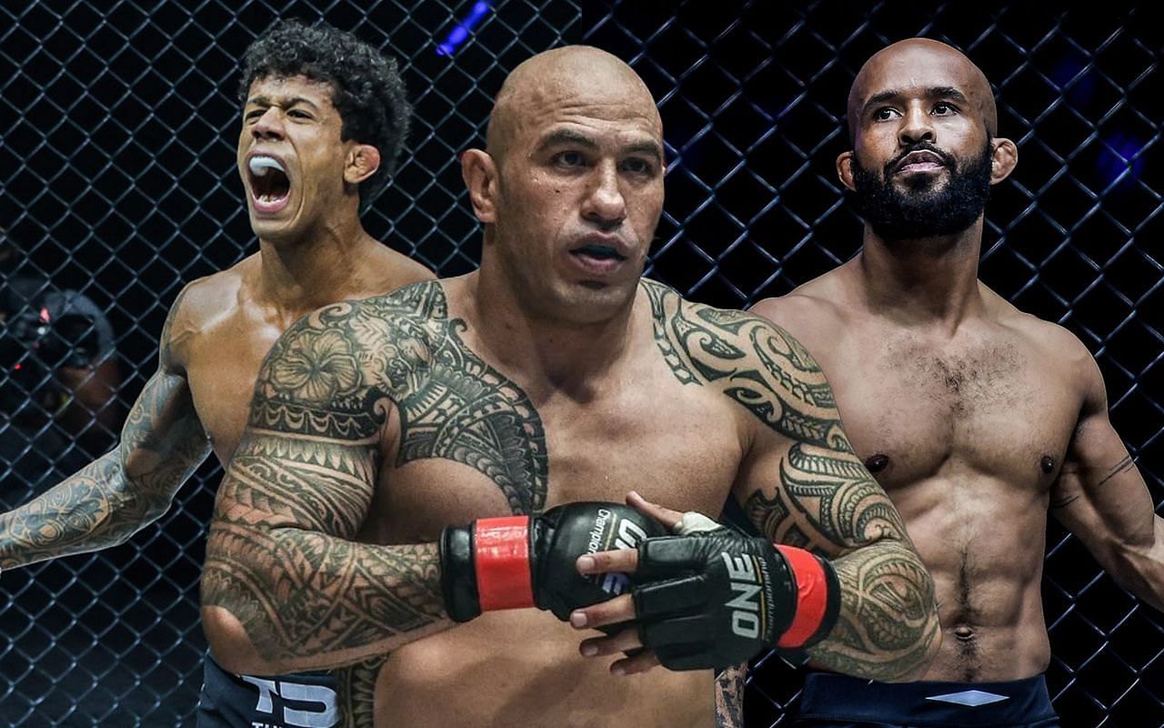 Former ONE heavyweight world champion Brandon Vera (center) provided insight on the upcoming world title rematch between Adriano Moraes (left) and Demetrious Johnson (right). (Image courtesy of ONE)