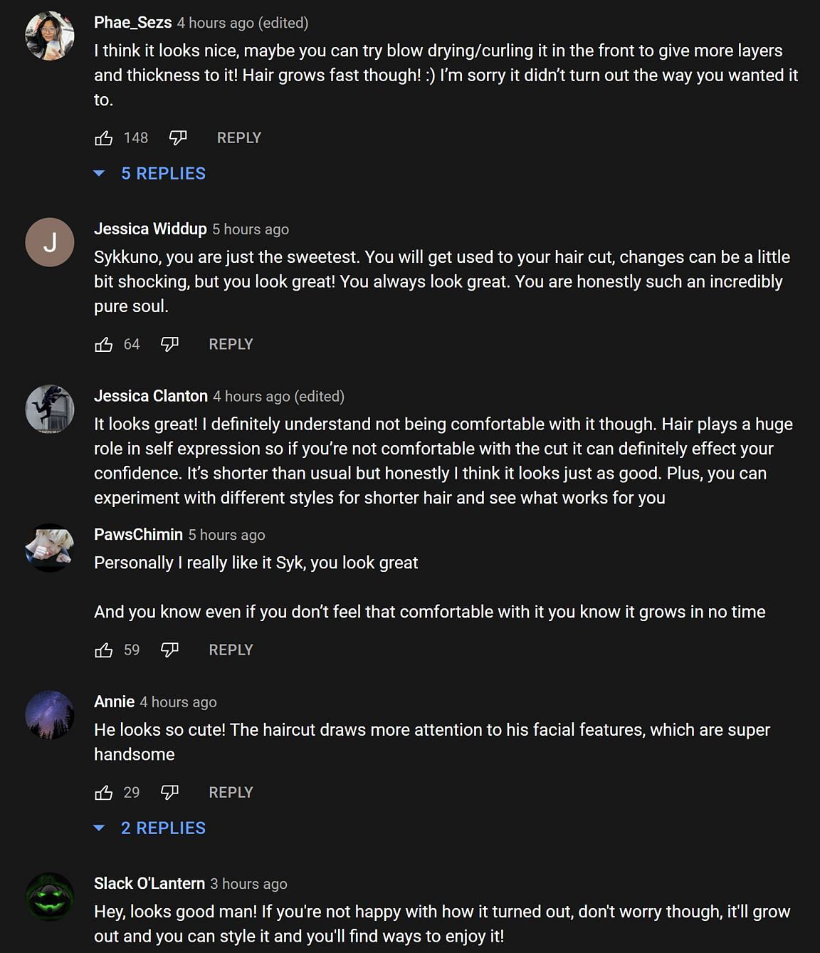 Fans in the YouTube comments section reacting to the streamer&#039;s new look (Image via Sykkuno/YouTube)