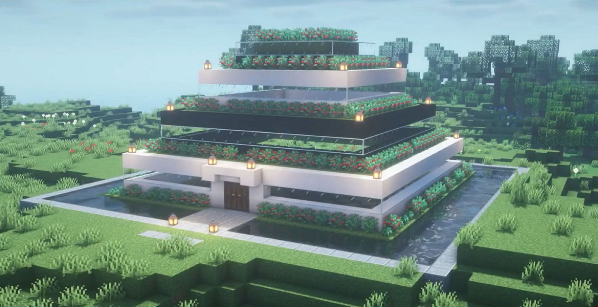 This pyramid brings a contemporary take on its design (Image via Minecraft House Plan/Bilibili)