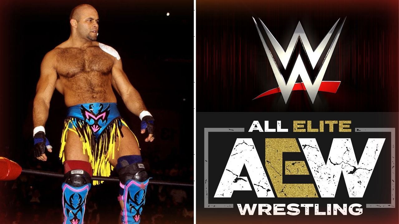 Konnan (left) and AEW and WWE logos (right).