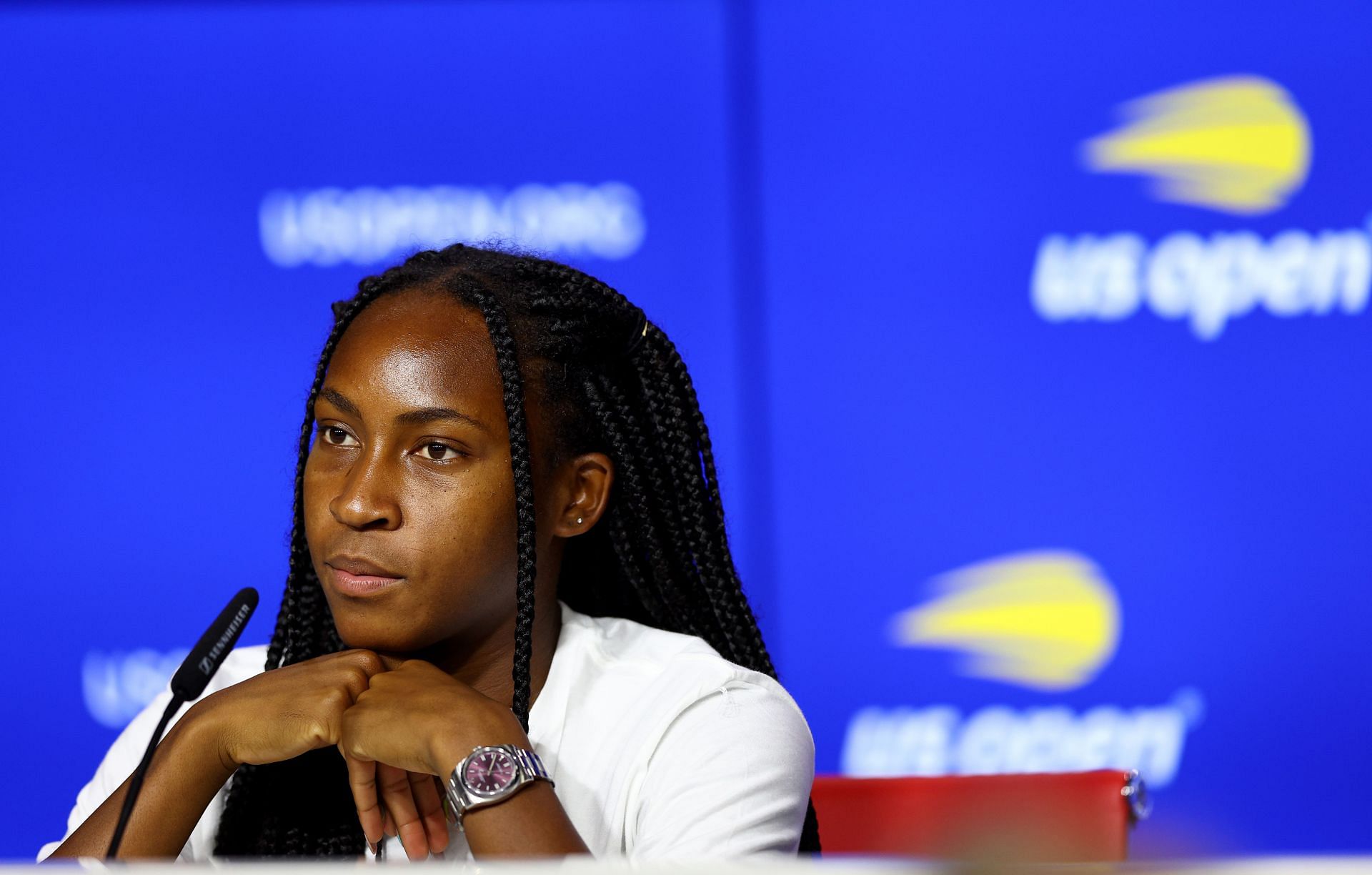 Coco Gauff speaks to the press on US Open Media Day