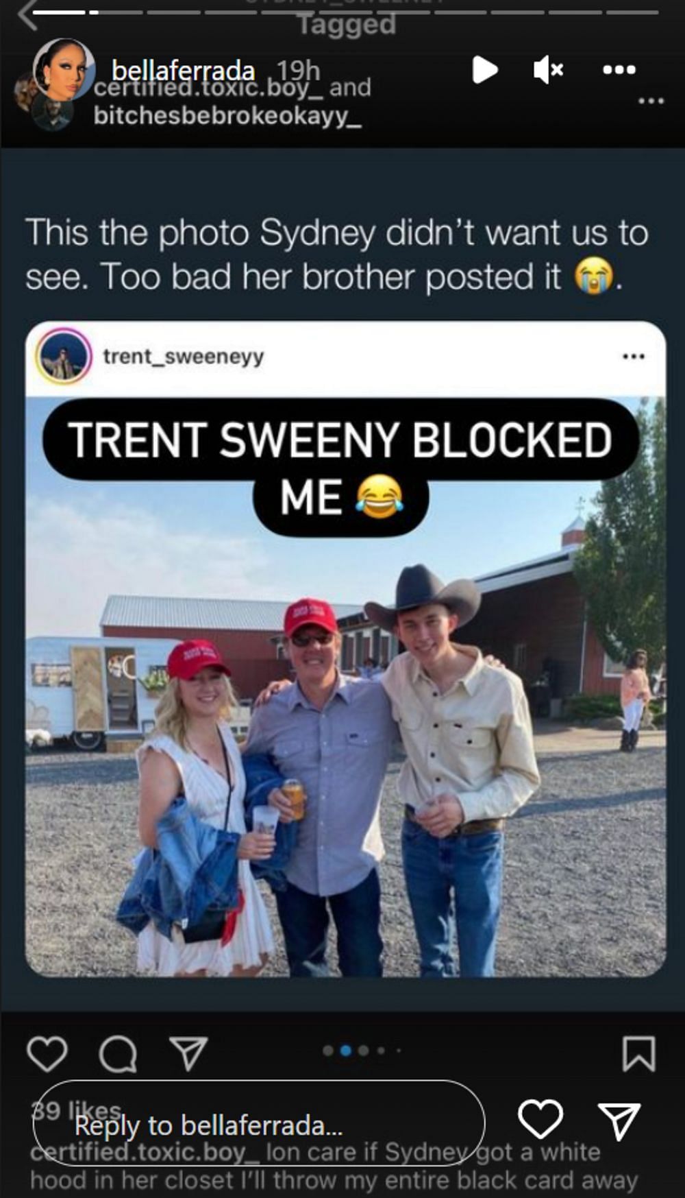 Bella Ferrada claims Trent Sweeney blocked her on Instagram (Image via bellaferrada/Instagram)
