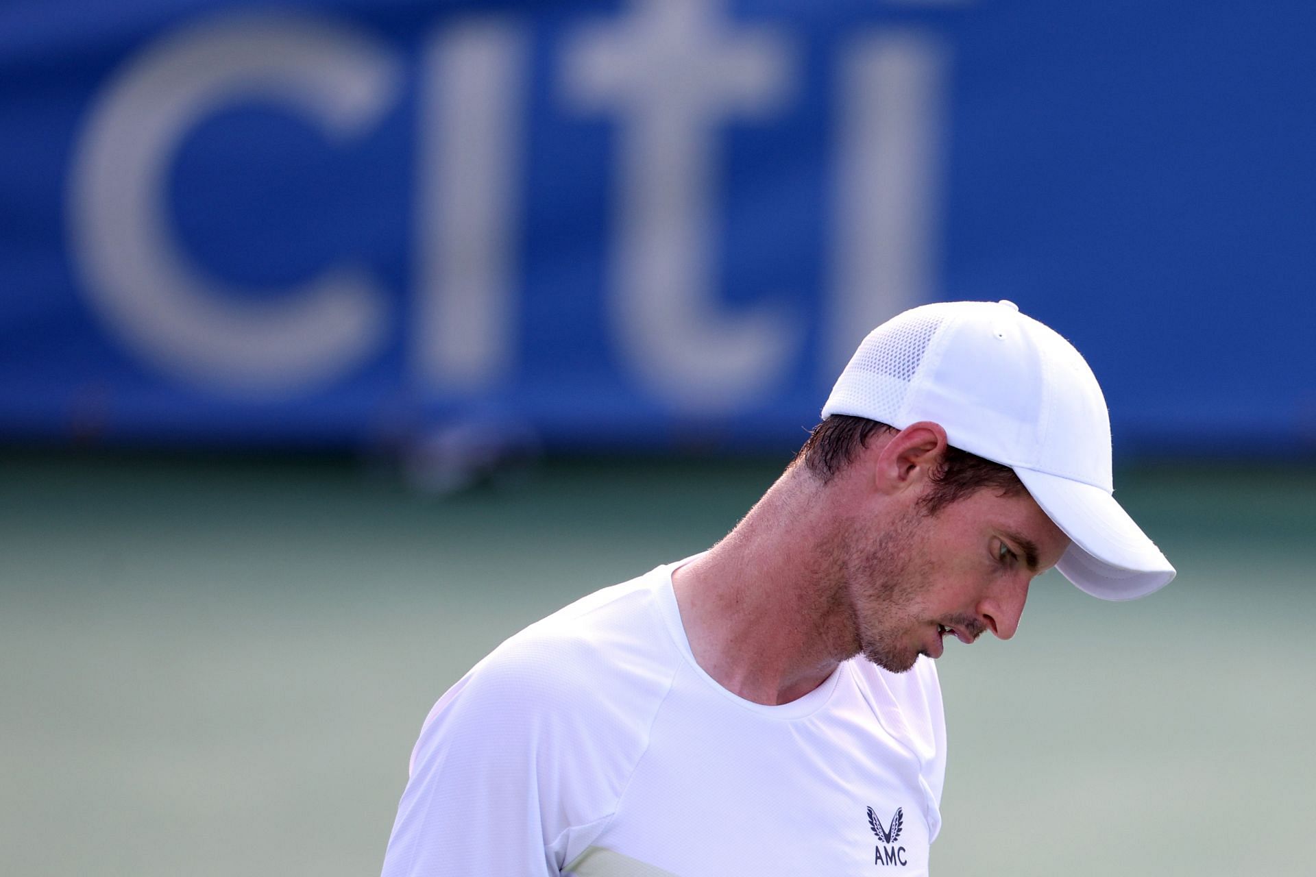 Andy Murray of Great Britain reacts to a shot against Mikael Ymer in Citi Open - Day 3