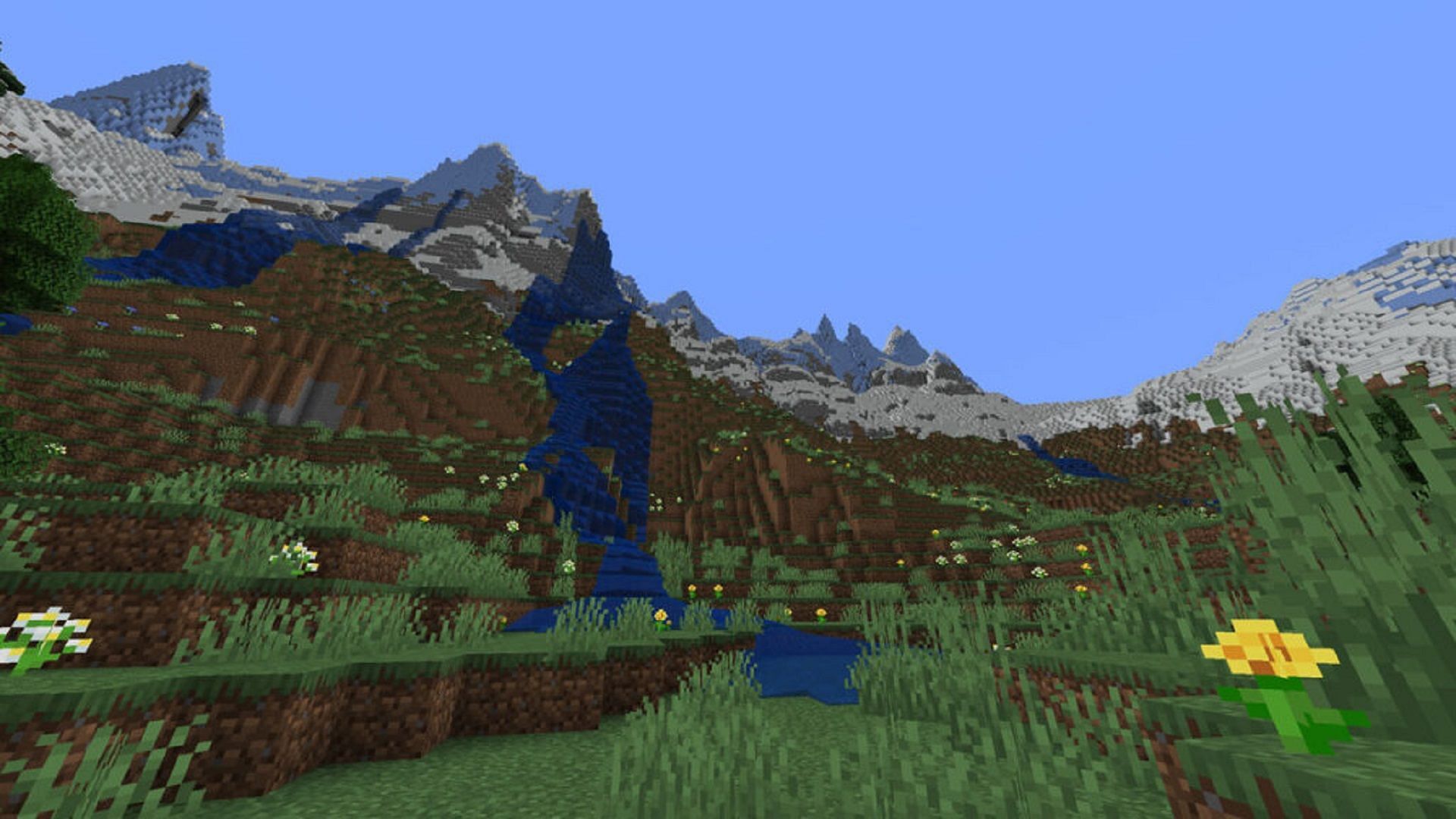 This seed provides a great combination of pleasant meadow and frozen peaks (Image via Mojang)