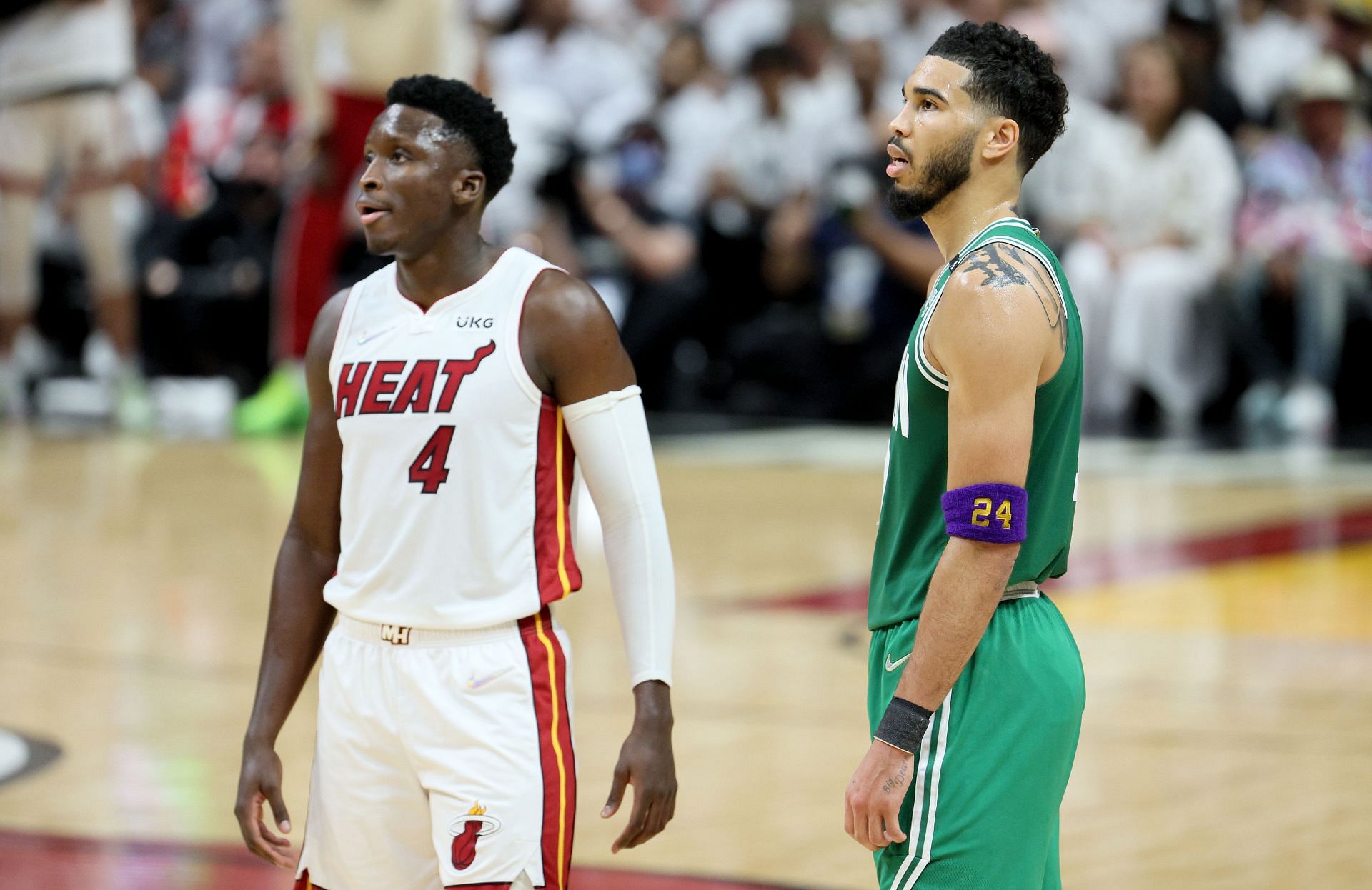 Victor Oladipo, left, and Jayson Tatum.