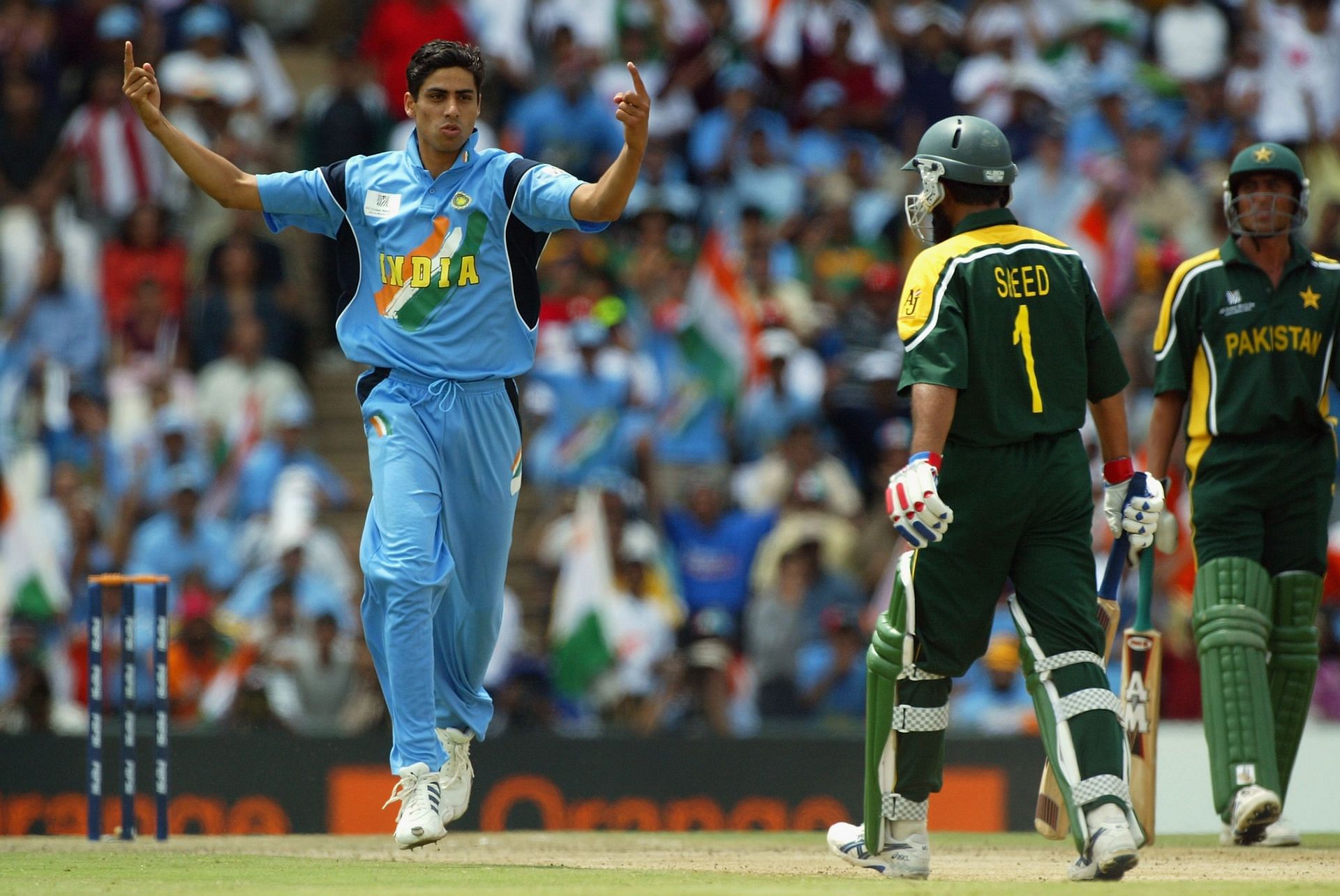 Ashish Nehra of India celebrates bowling Saeed Anwar of Pakistan