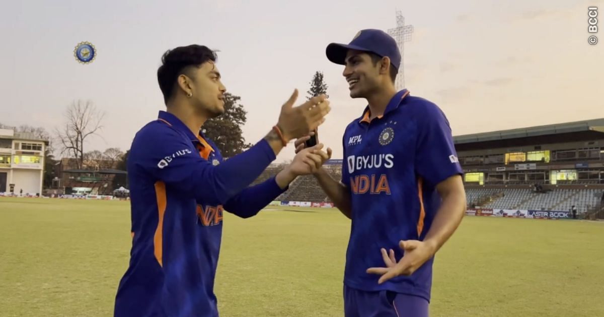 Ishan Kishan (left) and Shubman Gill discuss the former&rsquo;s run out.