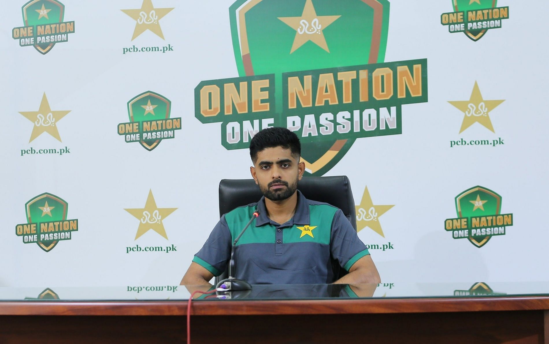 Babar Azam addressing a press conference ahead of the Netherlands tour. Pic: PCB