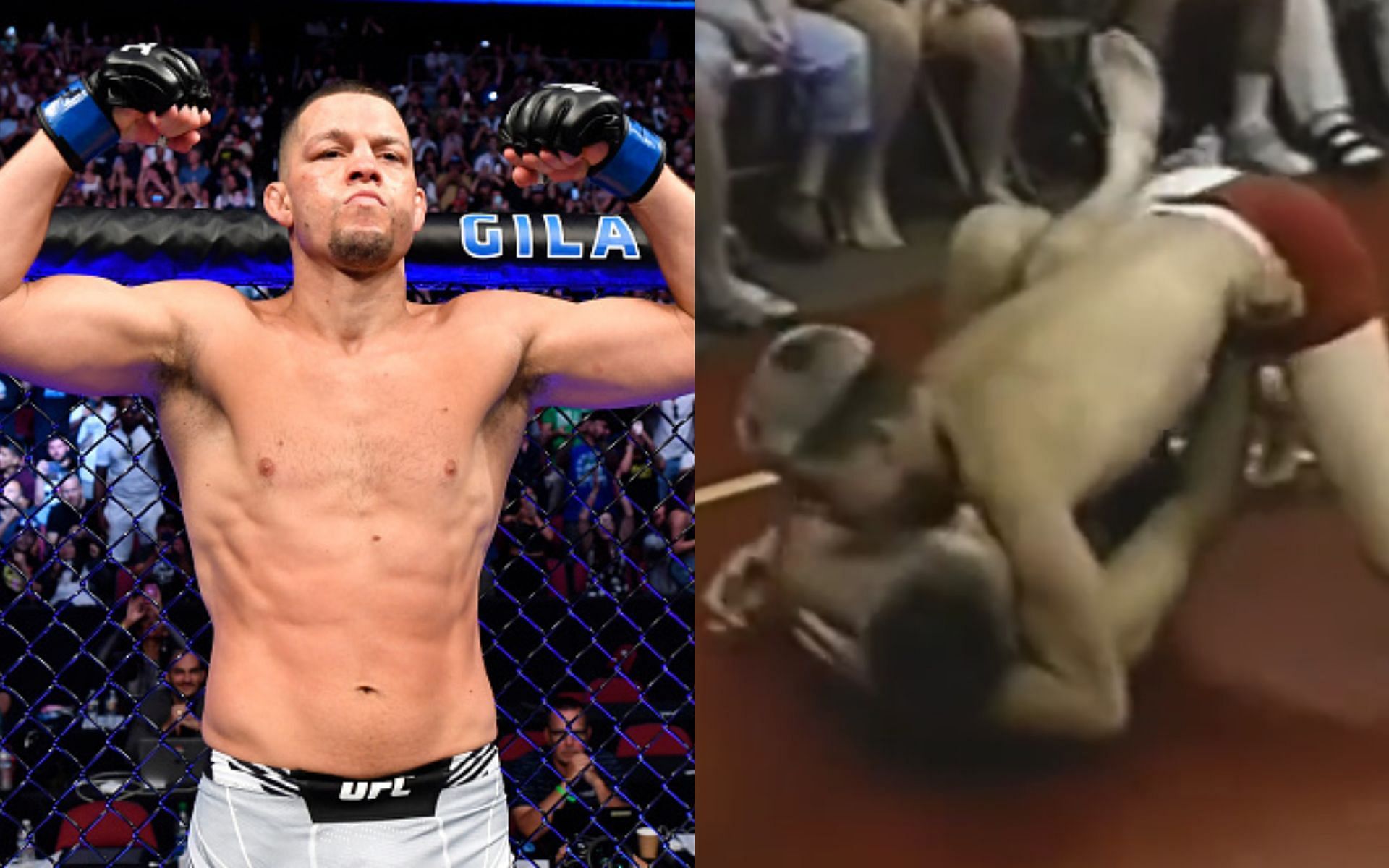 Nate Diaz (left), Video screenshot (right. Image credit: @mmamania on Twitter)