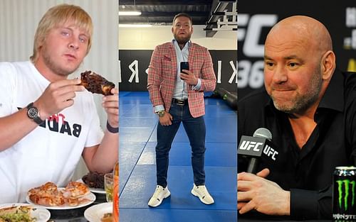 Paddy Pimblett (left - via @ufc on Twitter), Conor McGregor (center - via @thenotoriousmma via IG), Dana White (right)