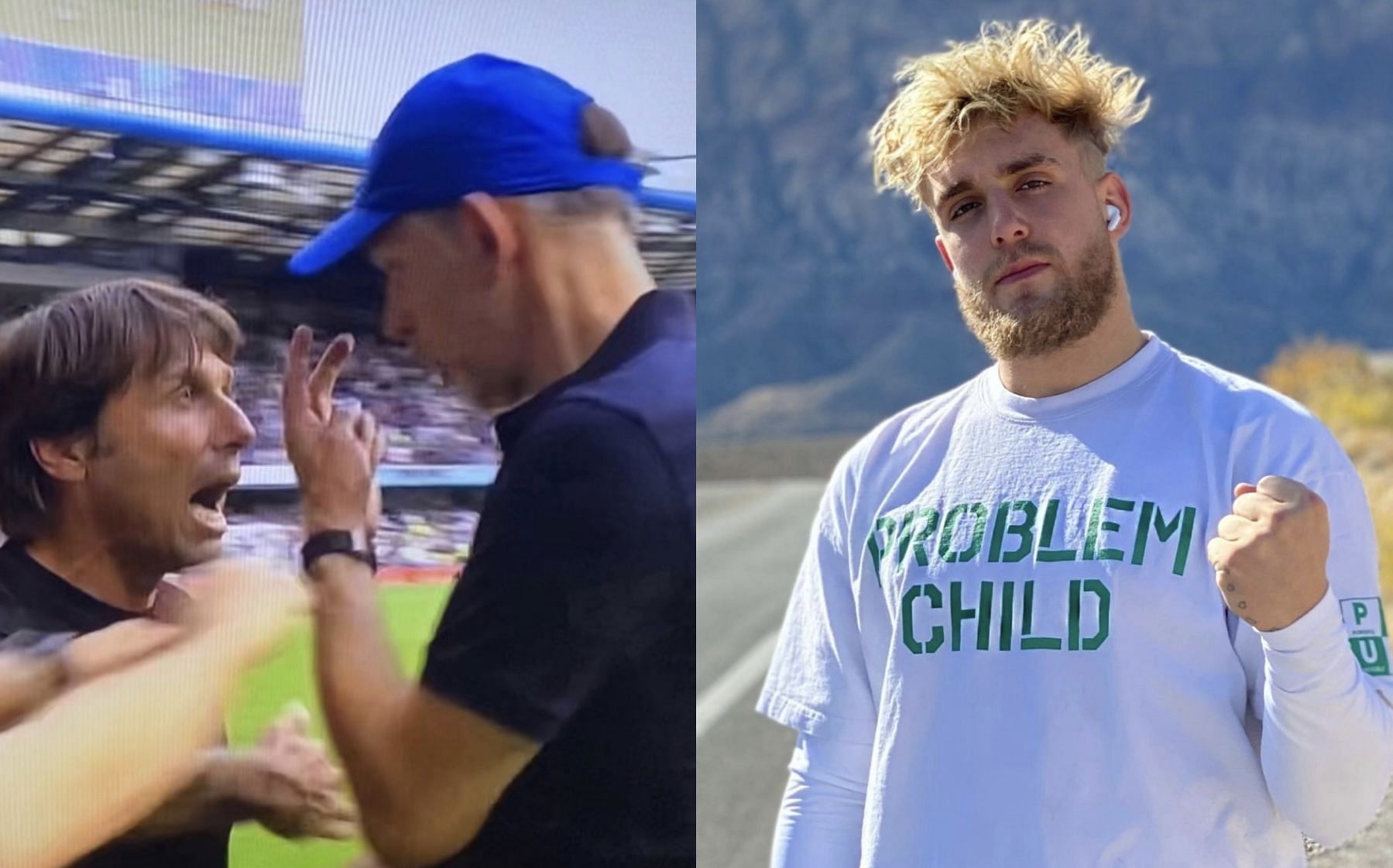 Antonio Conte (left) and Thomas Tuchel (right), Jake Paul (right) - Images via @442oons and @jakepaul on Instagram