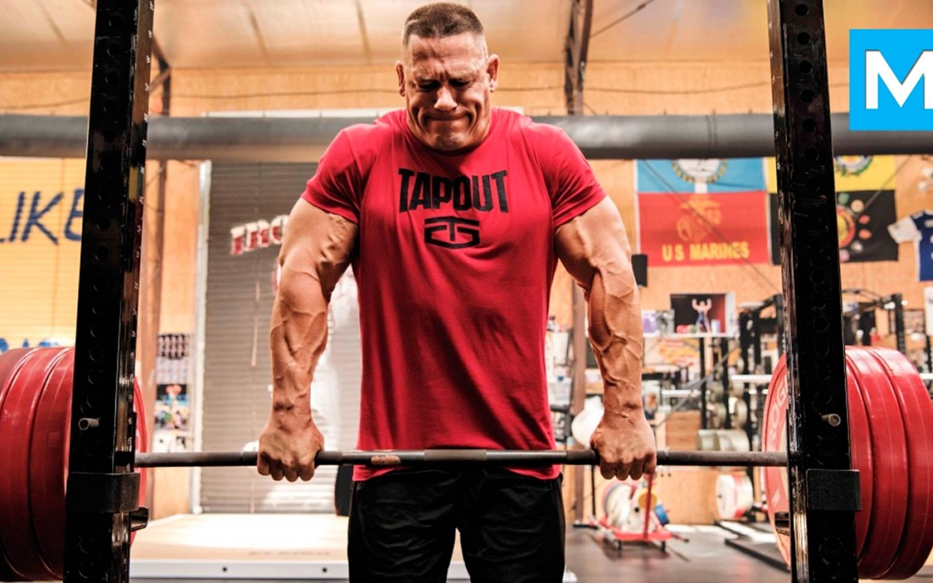 John Cena while working out in a weight room.