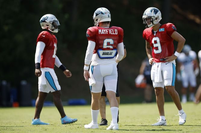 WATCH: Baker Mayfield teaches Panthers rookie Matt Corral tricks of the QB trade at training camp
