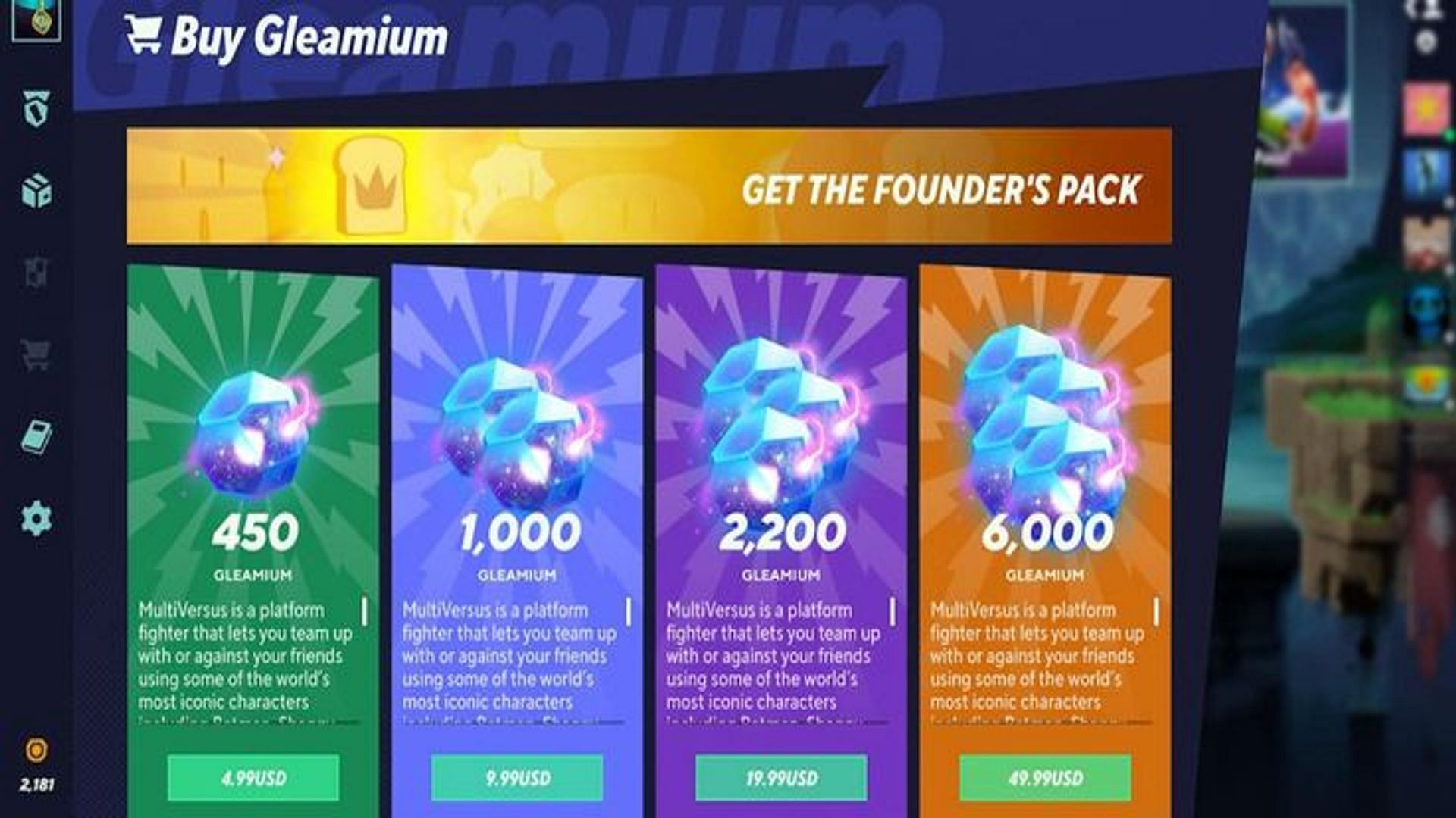 The shop page for purchasing Gleamium in MultiVersus (Image via Warner Bros. Interactive Entertainment)