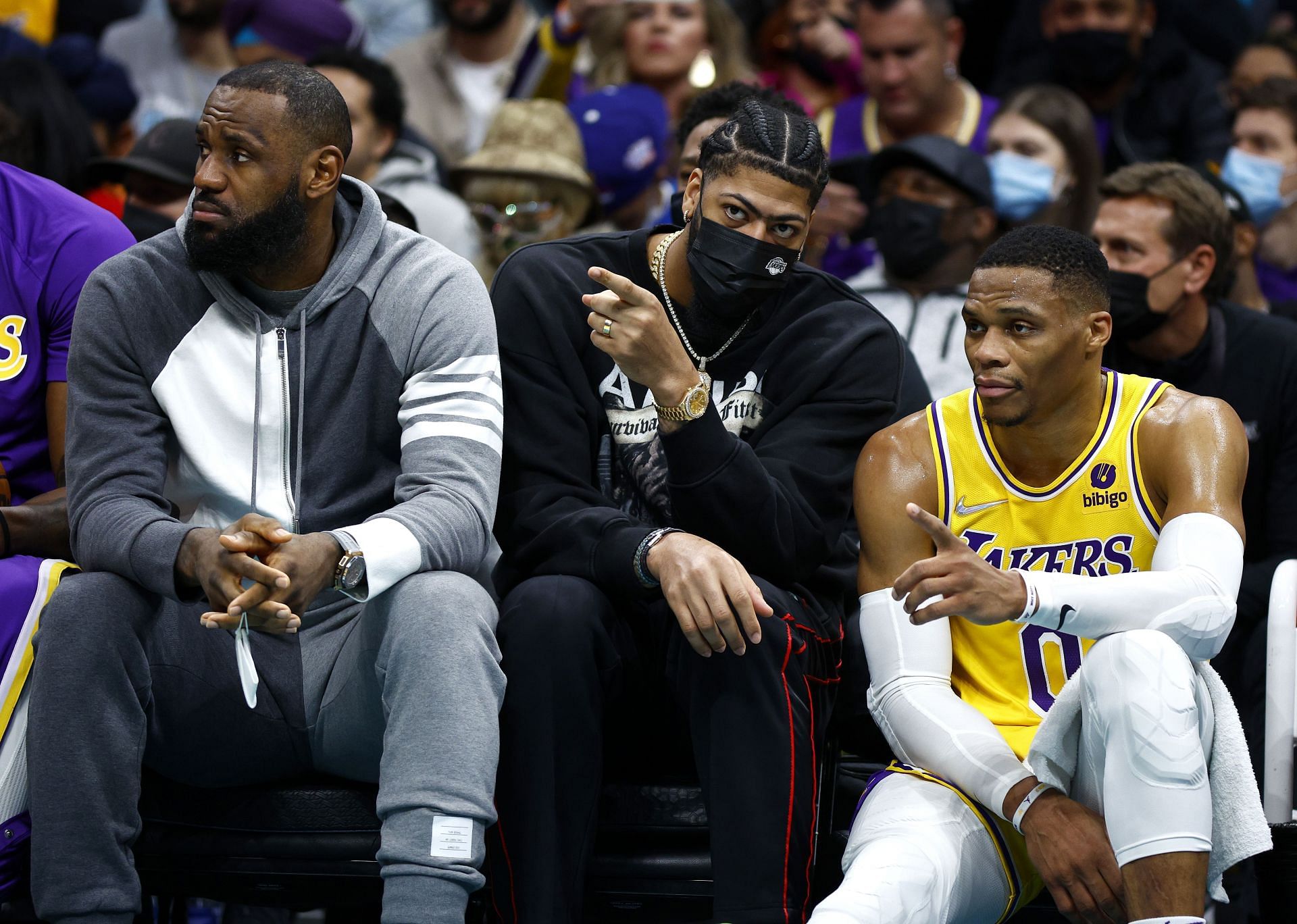 Los Angeles Lakers v Charlotte Hornets; LeBron James, Anthony Davis, and Russell Westbrook watch from  the sidelines