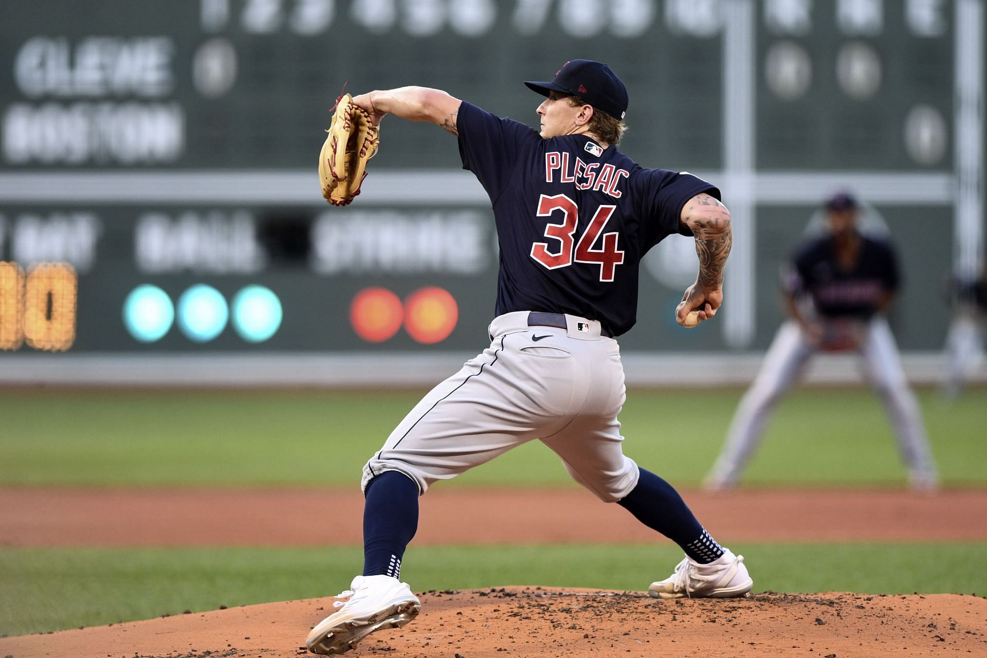 Zach Plesac of the Guardians pitches in a game vs. the Boston Red Sox.