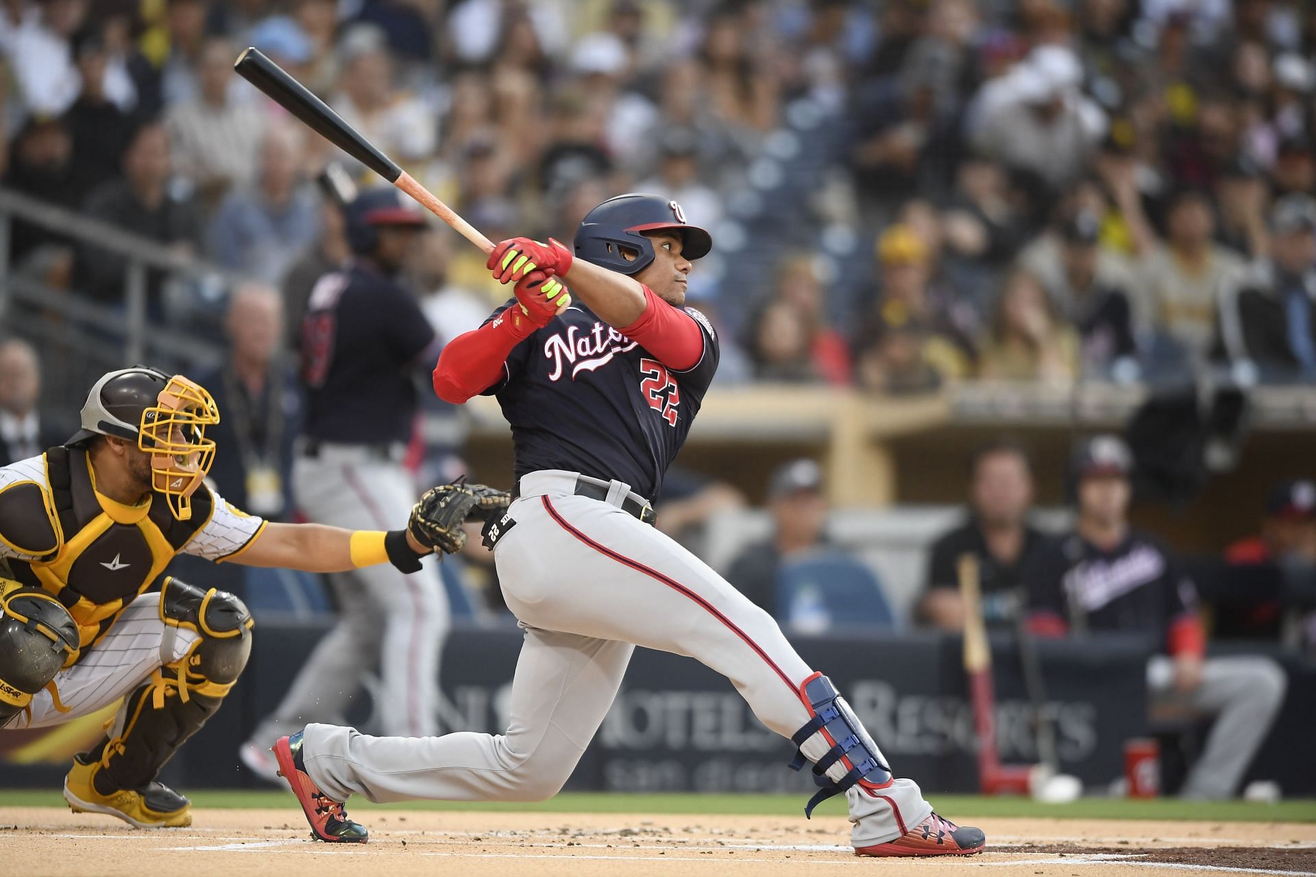 Juan Soto of the Washington Nationals hits a three-run home run.