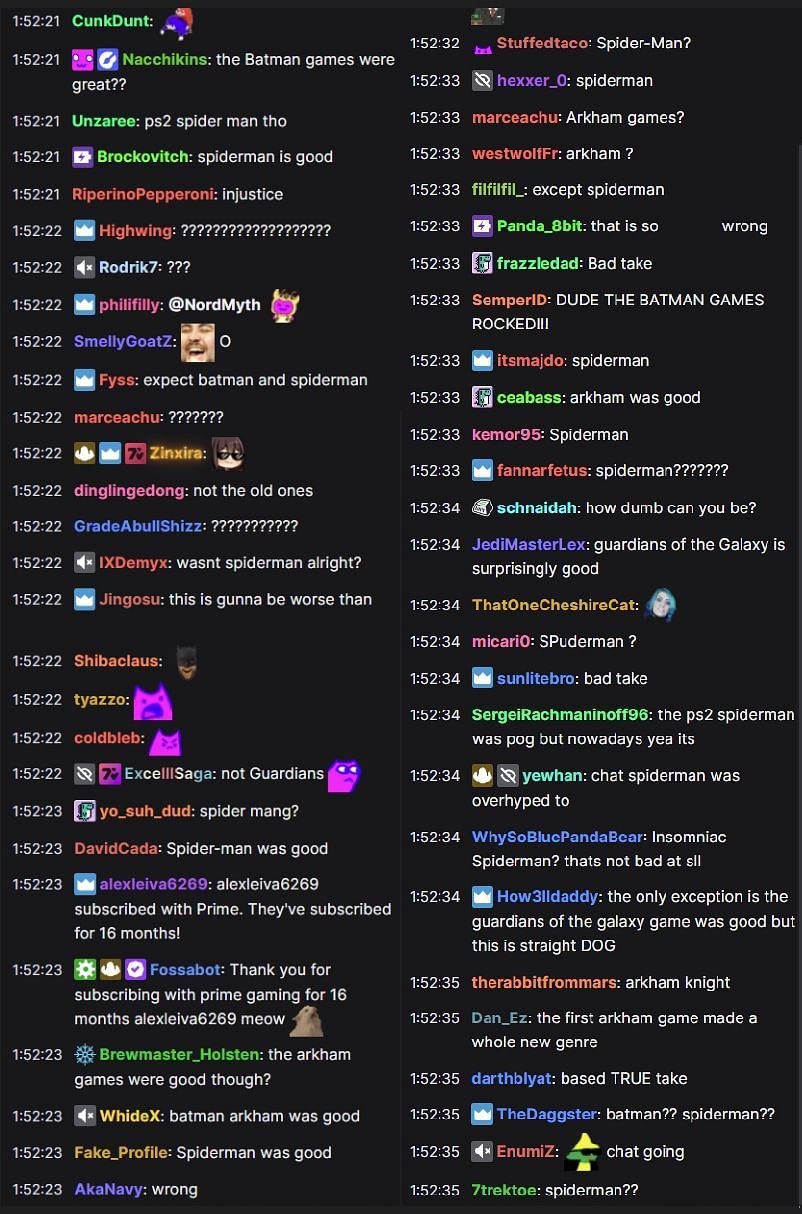 Fans in the Twitch chat reacting to the streamer&#039;s polarizing opinion on superhero games (Image via Sodapoppin/Twitch)