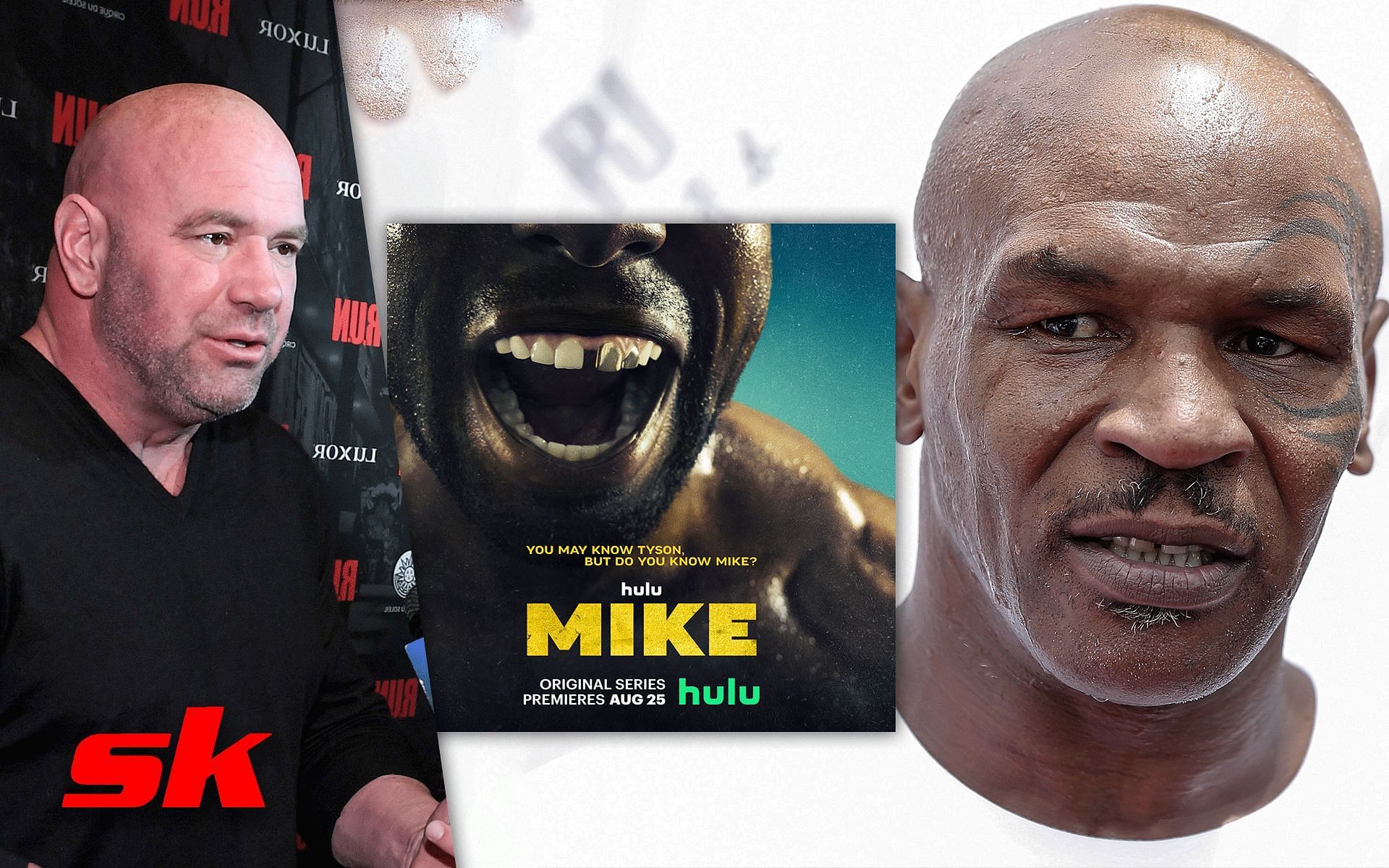 (L to R) Dana White, &#039;Mike&#039; poster (via @hulu on Twitter), Mike Tyson