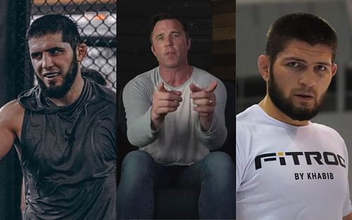 Islam Makhachev (left), Chael Sonnen (center), Khabib Nurmagomedov (right) [Images courtesy: @islam_makhachev and @khabib_nurmagomedov via Instagram | Chael Sonnen via YouTube]