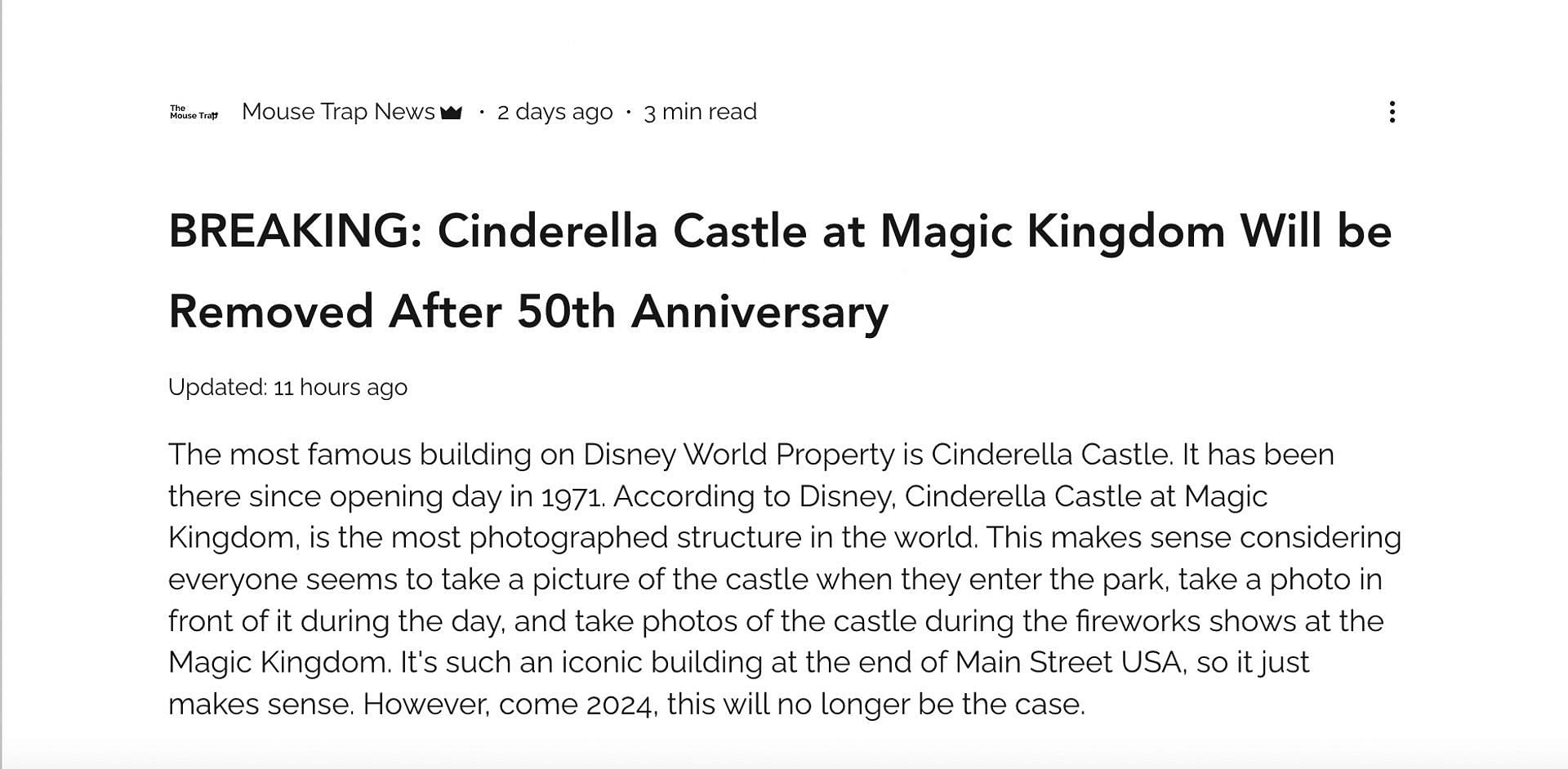 A blog &quot;mouse trap news&quot; published a &quot;breaking news&quot; about how Disney is all set to remove the iconic Cinderella Castle. (Image via Mouse Trap News)