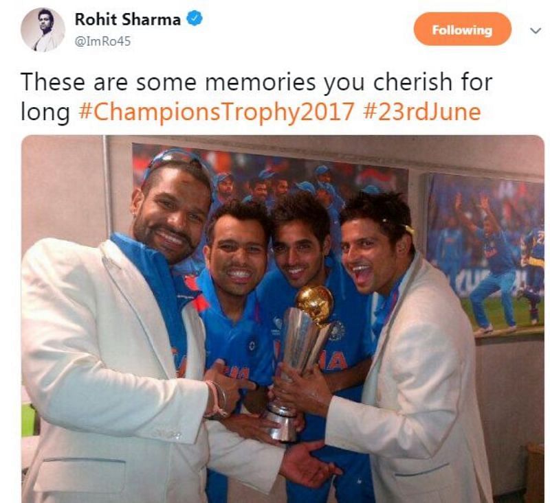 Rohit Sharma used a wrong hashtag for the 2013 Champions Trophy win.