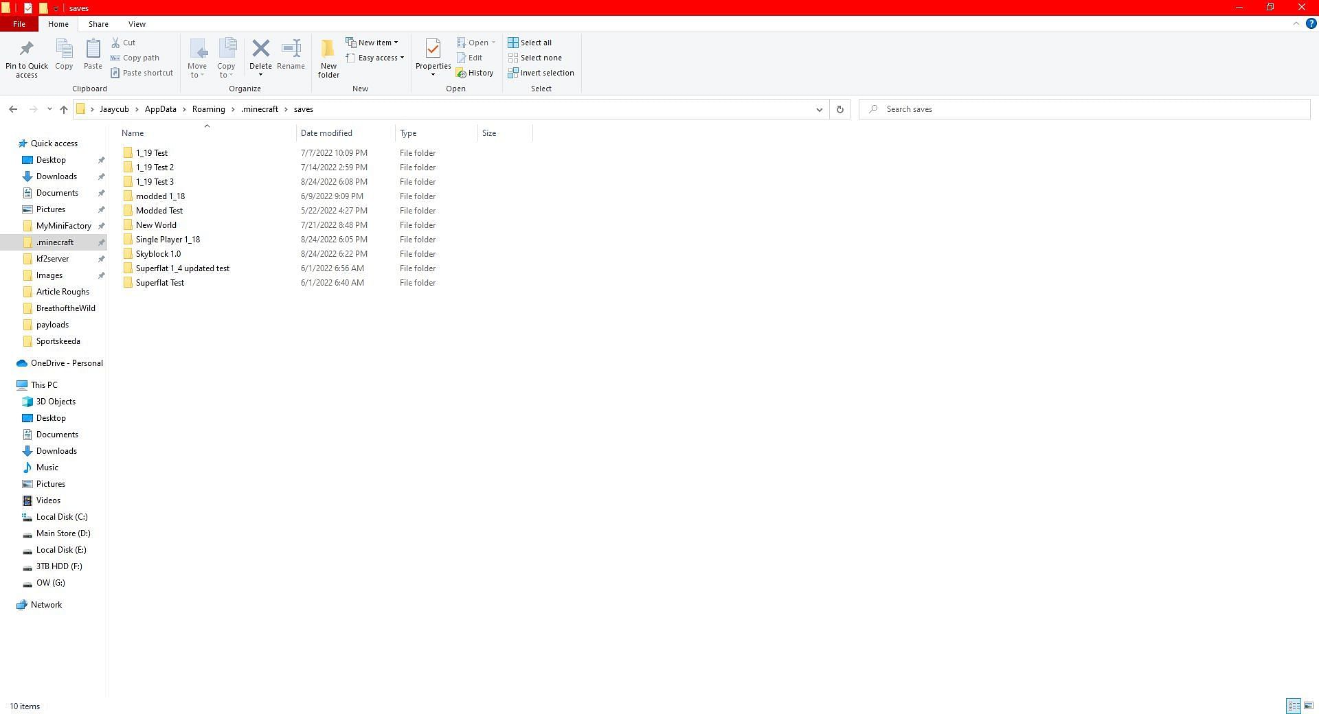 The contents and location of the Minecraft saves folder (Image via file explorer)