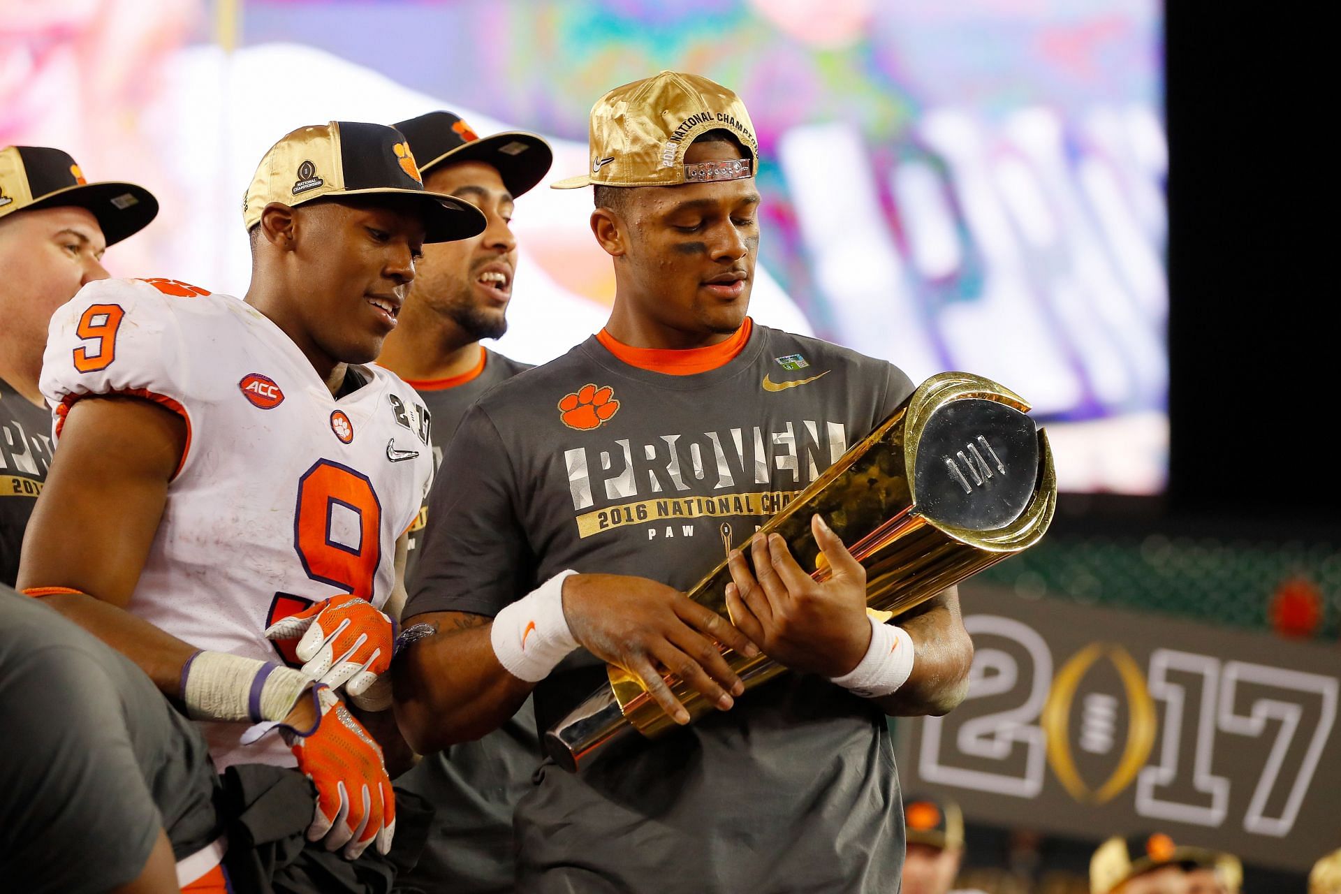 CFP National Championship: Deshaun Watson celebrates with the trophy