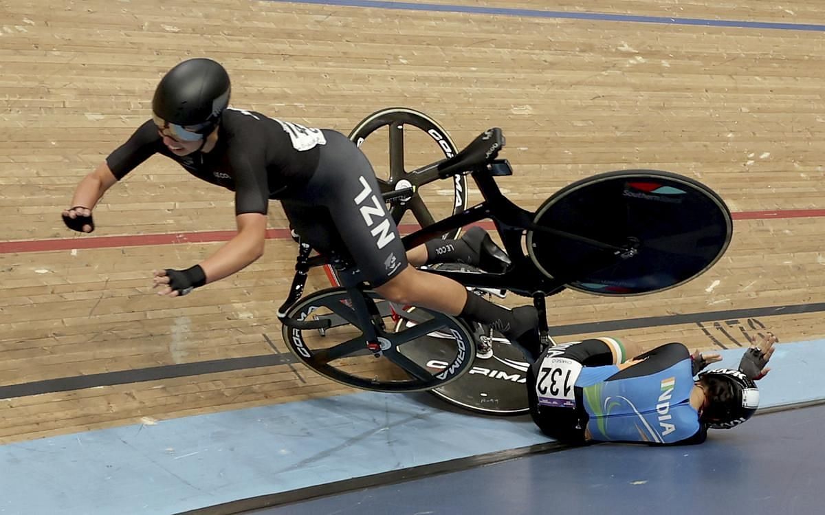 India&#039;s Meenakshi and New Zealand Bryony Botha in a crash. (PC: Twitter)