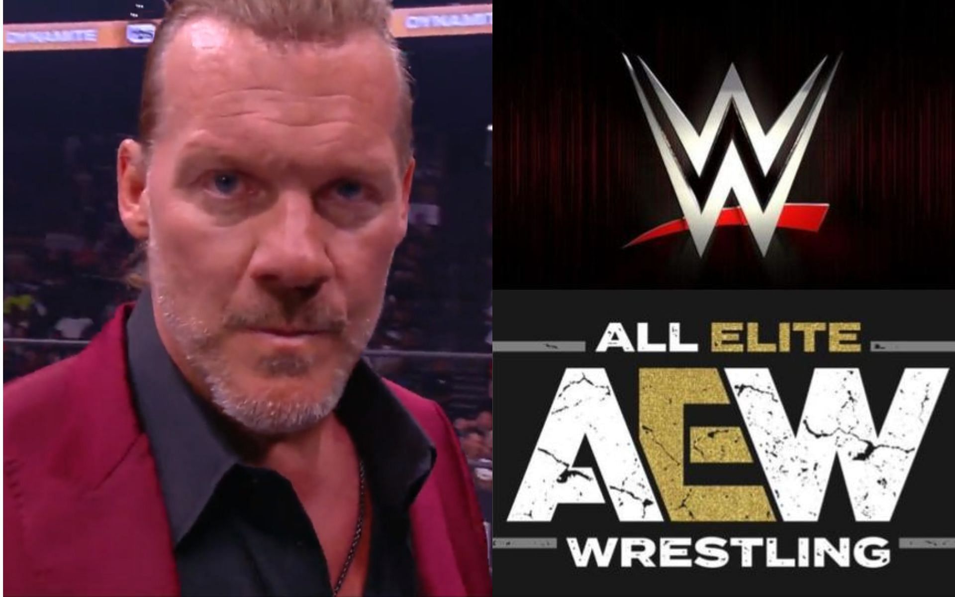 Chris Jericho (left) and AEW and WWE logos (right)